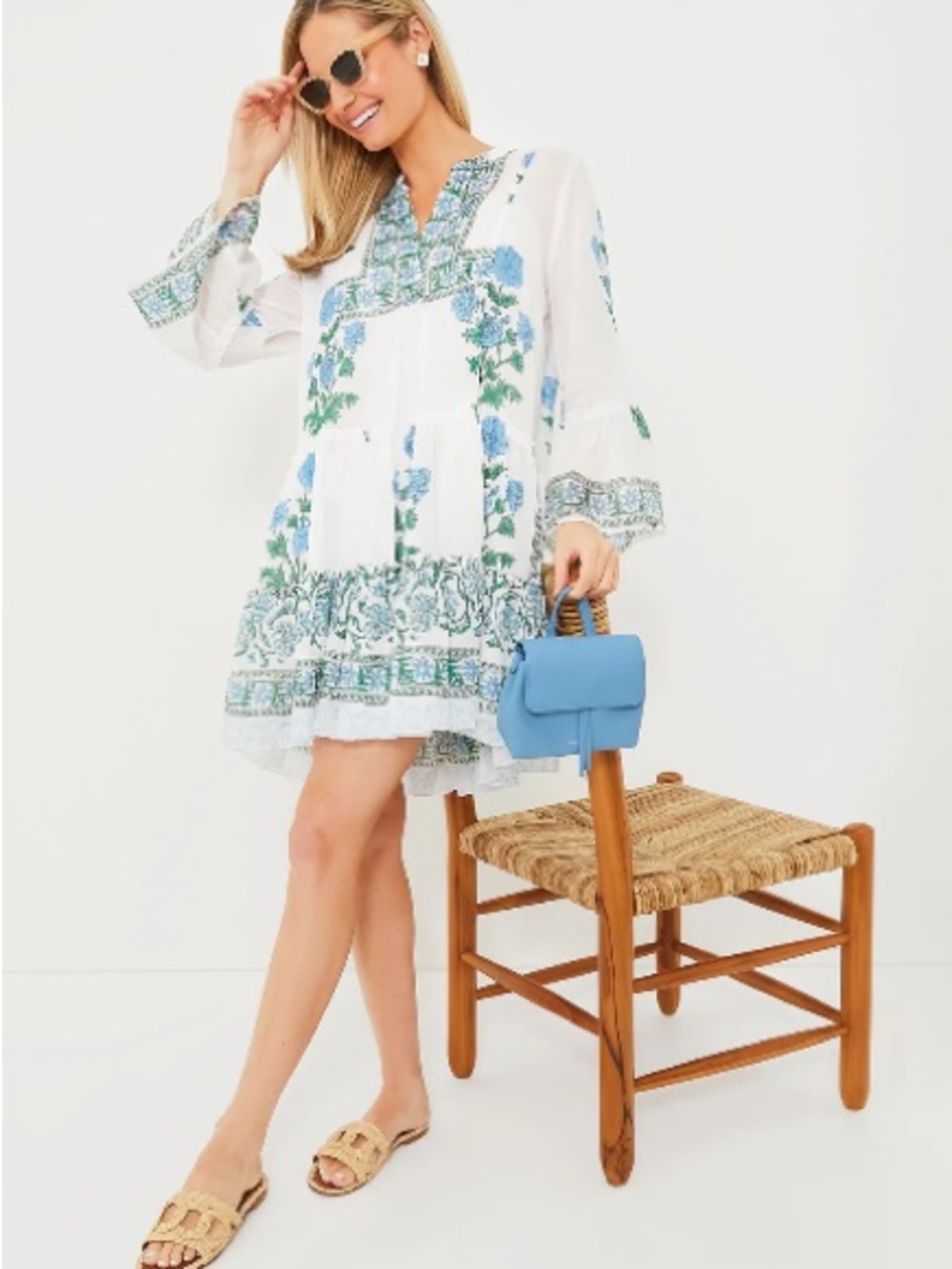 Tuckernuck Juliet Dunn Floral Boho Tunic Dress with Blue & Green Print Lined